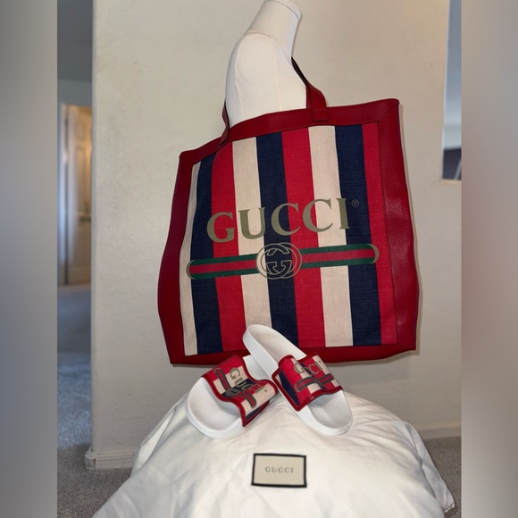 Gucci Red and Blue Large Web Sylvie Stripe tote